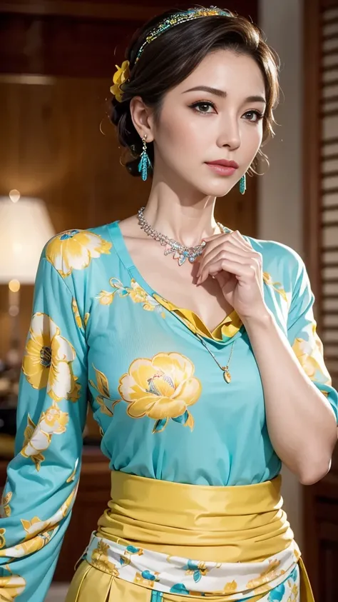 1girl, beautiful detailed eyes, beautiful detailed lips, extremely detailed face, long eyelashes, turquoise top, yellow floral skirt, earrings, necklace, retro fashion, elegant, glamorous, vibrant colors, cinematic lighting, nostalgic, timeless, high quali...