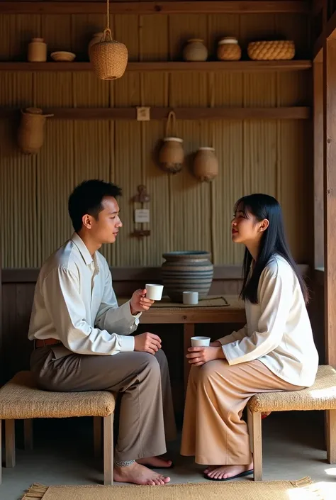  This image shows a pair of men and women sitting on benches covered in woven mats ,  creates an authentic and warm rural atmosphere .  Image background consists of bamboo wall wicker decorated with round wicker baskets and other traditional items.  They a...