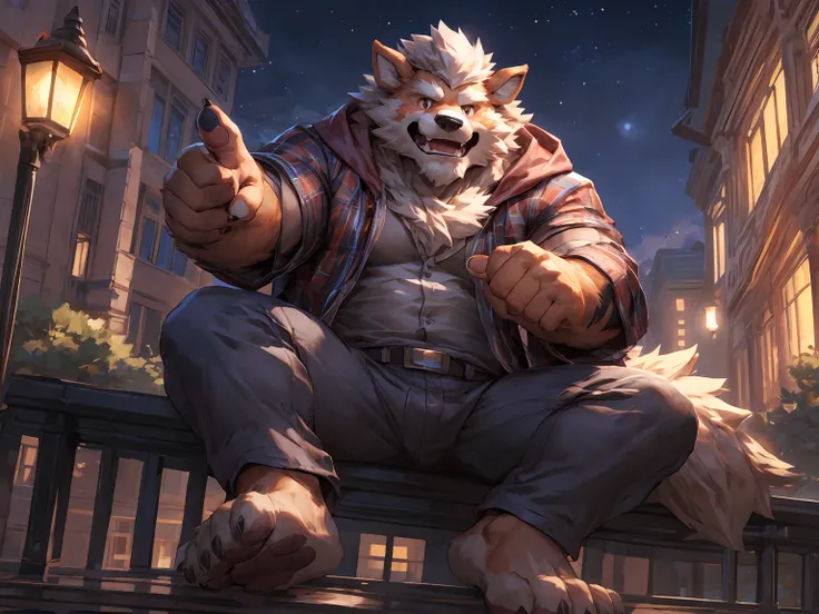 hairy, arcanine, beard, paw pads details, toothy smile, embarrassed, gray open hoodie, solo, night, masterpiece, (16K), HD, Various facial details, detailed background, very detailed, dynamic poses, Eyes details,  high resolution, high quality, correct ana...