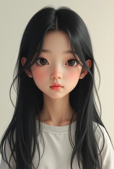 A Chinese sixth-grade girl has long hair, black, flat chest, and very thin but short legs