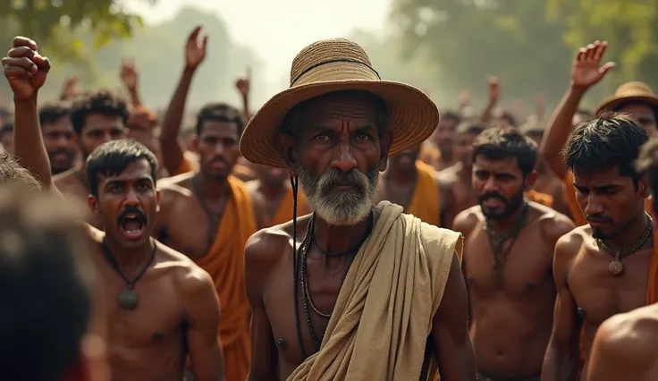 Lots of people sorounded a poor skinny farmer who wear hat dhoti and people yapping at him