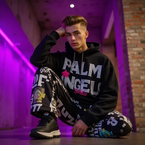 A hyper-realistic portrait of a 20-year-old Italian man with a light brown pompadour hairstyle, modeling streetwear from the iconic Palm Angels collection. He is dressed in a striking ensemble that perfectly captures the brand’s fusion of high-end fashion ...