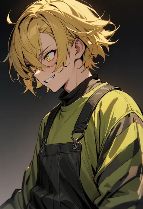 (masterpiece), best quality, high quality, 1 male, teenager, sadistic smile , yellow hair, short hair,raised bangs on the head, messy straight hair, yellow eyes, black outline between the eyes, wearing a long-sleeved shirt with large stripes on top overall...