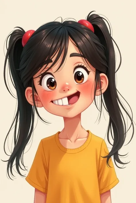 Little  girl with black hair and pigtails making faces 