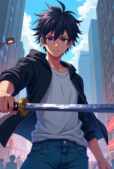 anime boy with short black hair and bangs with purple eyes wearing a white t shirt and blue jeans and black unzipped hoodie and holding a katana with a city background