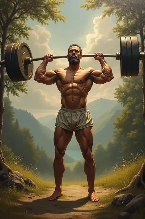  Using the artistic concept of Romanticism, Draw a man doing deadlifts 