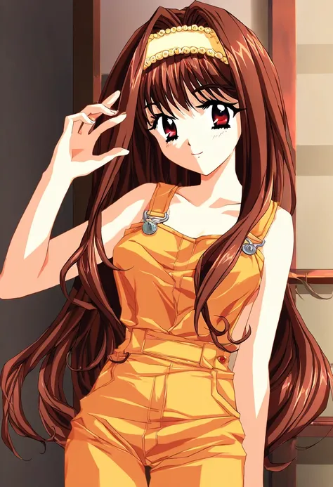 style of kadoi aya, 2000s (style), game cg, YuukiMizuho, kakyuusei, very aesthetic, best quality, intricate, overall detail, long hair, brown hair, red eyes, medium breasts, hairband, smile, 1girl, solo, cowboy shot,