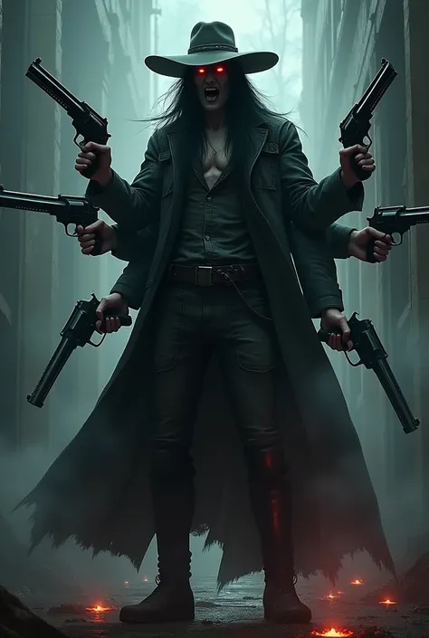 Vampire with red eyes, with a hat, long black hair, wearing hunter clothing ,  with 4 arms and a magnum gun in each hand