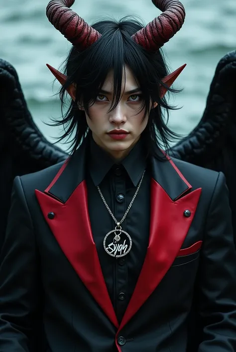 create a potrait HD photography hensem of kings evil with horns wing in water . Wear full black red blazer . wearing necklace written Syah . hair black red color .