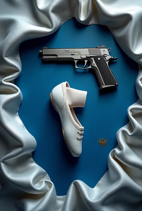 book cover. deep blue, silver sheets in detail ,  a ballet sneaker and a gun on the side with a coat of arms of the Russian army.