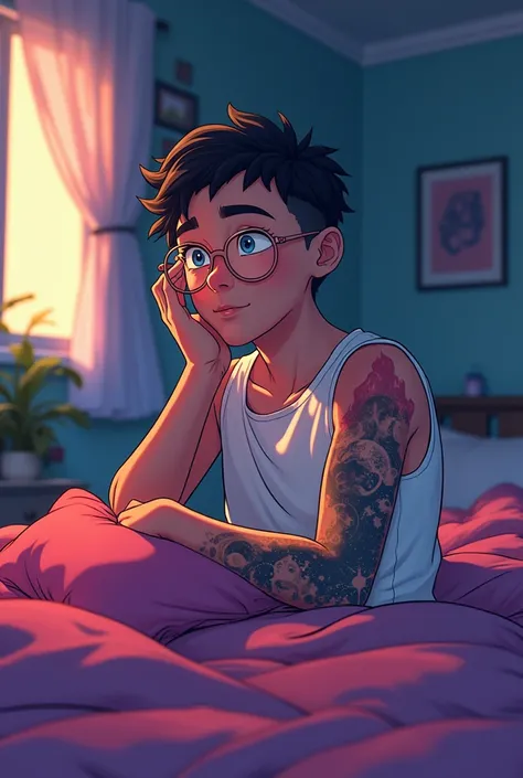  Character with short hair military style with a gradient with a tattoo on the arm of the universe because he is a fan , Lying in the bedroom waking up your bedroom style room of a Brazilian teenager  ,  anime style cartoon glasses ,  character waking up a...