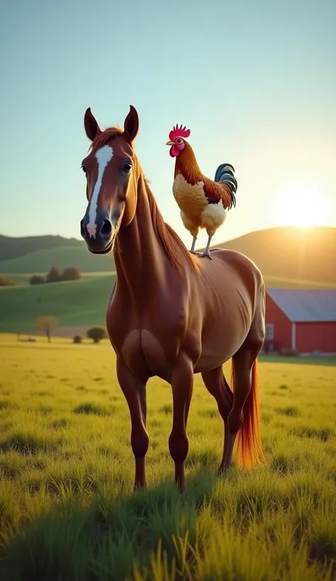 "Create a highly detailed 4K image of a chicken standing confidently on the back of a horse in a tranquil farm field. The chicken ,  with vibrant feathers in shades of red , white and gold,  is perched on the horses wide back . The horse,  a strong, muscul...