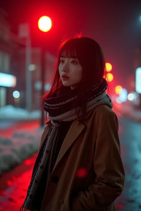 (( top quality)), ((masterpiece)), (  Details),  1 girl, Japanese beautiful woman, in front of the pedestrian crossing in the town at night 、 The red light of the traffic light is shining 、 shines on the girl 、 Slender、 slim、 long straight hair、 odekodashi...