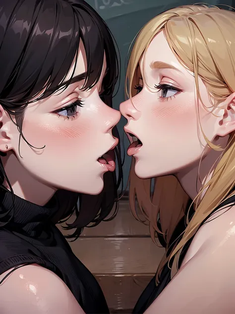 2girls:1.9, two lesbian girls kissing, yuri, yuri kiss, intertwined tongues, exchanging drool, shoulders and neck, sweaty, hot embrace, stringy drool, (((((tall and short, big and small, mature and young, teacher and high school girl))))), empty class room...