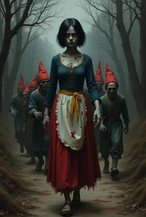  20-year-old zombie woman , gray skin,  with an emaciated figure with short black hair up to the height of her neck ,  dressed in a dark blue dress with a tight bodice and light neckline , distressed red skirt ,  yellow ribbon on her waist ,  white apron s...