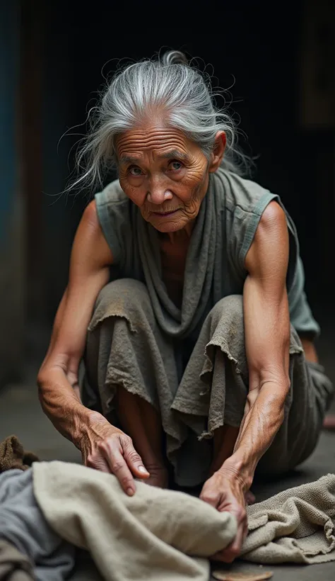 Thai woman beautiful, realistic, old and torn folk costume, photography style, wearing dirty thai sarong, dark, she is doing laundry, blur background