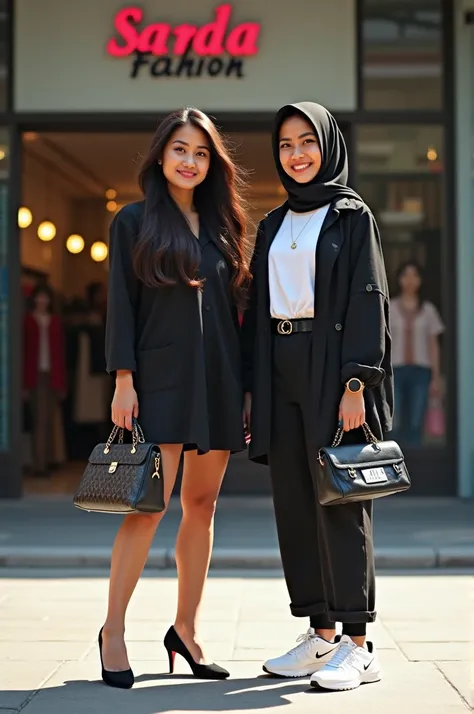 an Indonesian woman with long flowing hair wearing a short black dress, Hils shoes carrying a branded bag, together with an Indonesian woman wearing a hijab wearing a black and white outfit with white Nike shoes carrying a branded bag, looking forward and ...