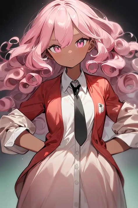 1girl,  She has mid-length curly pink hair and a thin frame. Her skin is lightly tanned, and her eyes are a light and vibrant green. Shes dressed in the standard white dress shirt and black tie, with a red sweater tied around her hips, masterpiece, best qu...