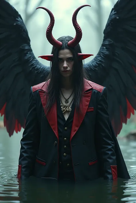 create a potrait HD photography of the kings of evils with horns and wing in water . Wear full black red blazer . wearing necklace written Syah . hair black red color .