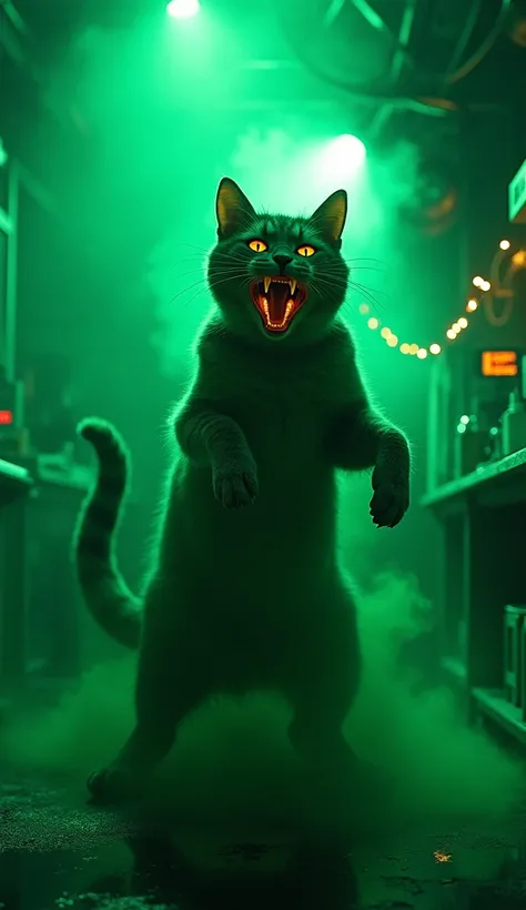 A hyper-realistic cinematic transformation sequence in a dark and eerie scientific research room. The once-innocent cat begins to convulse as the green liquid it inhaled takes effect. Its body expands and distorts, fur bristling and claws elongating into s...