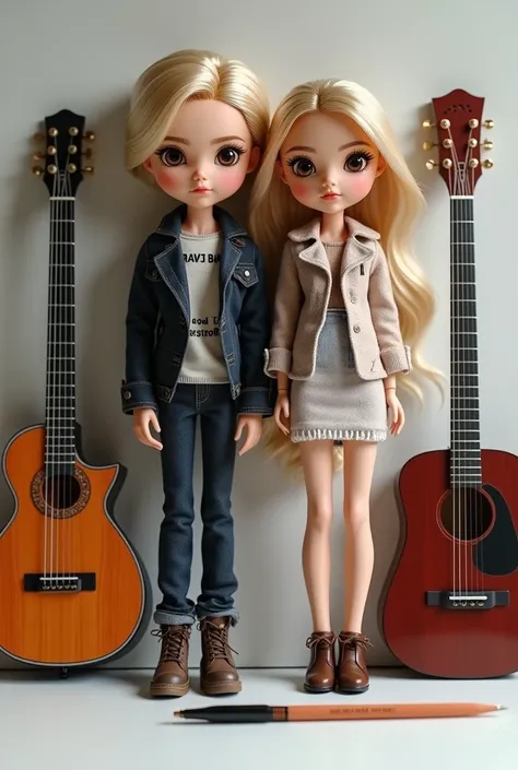 Create an image featuring two beautiful dolls, one male and one female, placed side by side. Each doll should have a separate space to write   ..R... for the male doll and ...J.... for the female doll. The names should be clearly displayed on their clothin...