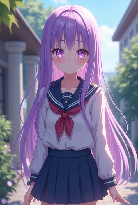 A 17-year-old girl with long purple hair, fair skin, purple eyes, dressed as a schoolgirl