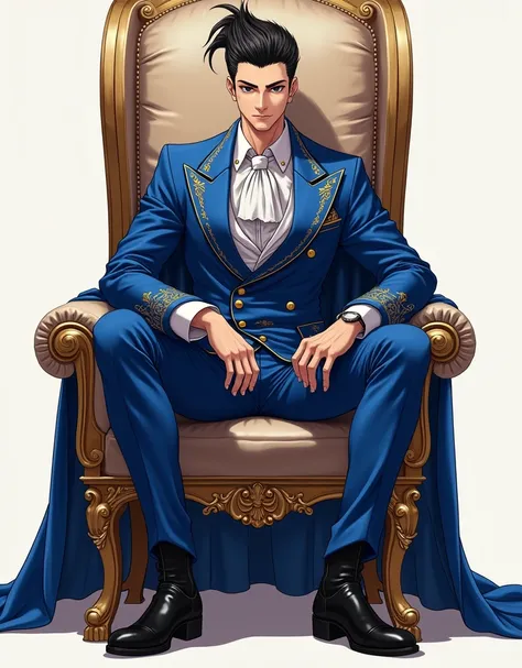  Realistic anime style illustration, thin man, high,  tight hair , wearing royal blue pants and jacket ,  black boots. sitting