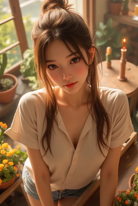 Top-view photography, 
Young female, cute Japanese idol,
soft makeup, high nose, very long updo hair, 
Glowing beautiful skin, athletic body, 
wearing shirt and shorts jeans, small breasts,(CUP-A chests),
Drunk and embarrassing face,
Sit at bar, of decorat...