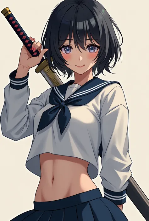  top quality、 beautiful girl holding a Japanese sword、belly button、  sailor suit 、   short black hair