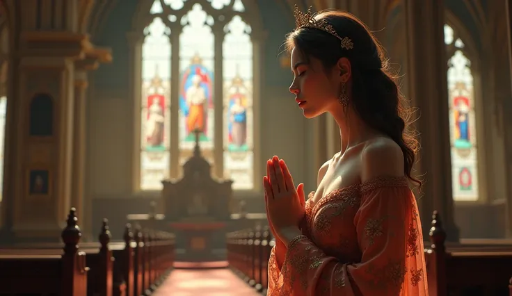 (photorealism:1.2), A beautiful woman sitting gracefully in a church, praying, serene atmosphere, soft natural lighting, detailed interior, gothic architecture, elegant attire, rich colors, masterpiece digital painting by Yoko Honda and Artgerm, cinematic ...