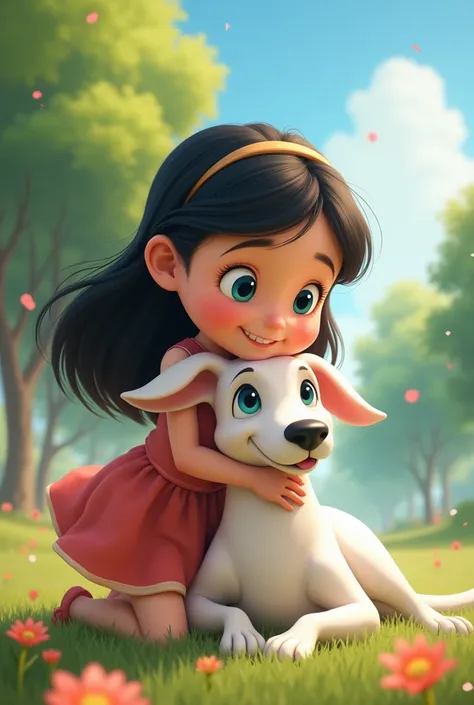 Disnay-like image: wavy black-haired girl with her dog, white-colored greyhound, happy sky blue eyes in a park