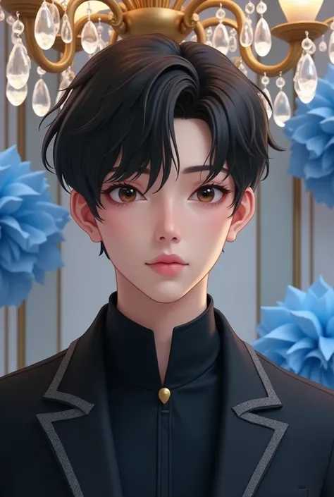 e: A young man with a clean and fresh look, light skin tone, and symmetrical features.
Face: Oval-shaped face with prominent cheekbones, dark almond-shaped eyes, and defined eyebrows.
Hair: Short, dark black hair styled naturally.
Lips: Medium-sized lips w...