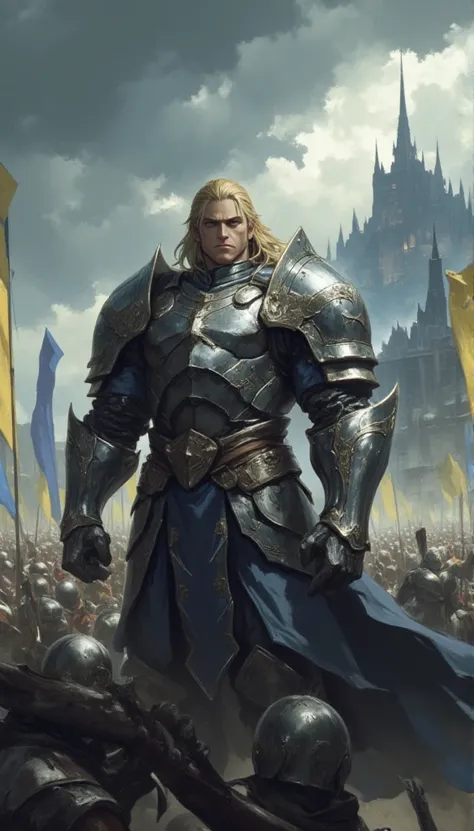 grey eyed, blond hair male warrior, standing in front of an army, wearing a suit of metal armour, stormy sky, mountain and castle 