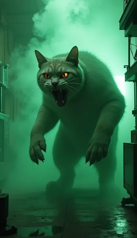 A highly realistic cinematic transformation sequence in a dark and eerie scientific research room. The once innocent cat began to convulse as the green liquid it inhaled took effect. Its body expands and changes shape into a large, terrifying monster, its ...