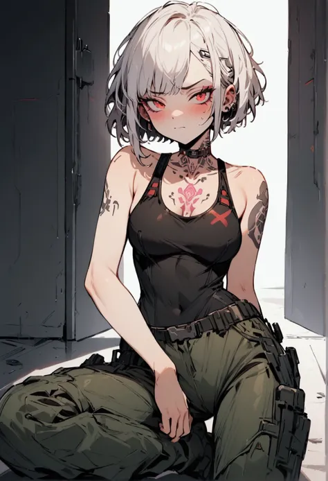 ((Masterpiece)), 1girl, white short hair, red eyes, cyberpunk, Tatoo in neck, wear a black singlet, Wear Soldier Pants, Lazy face