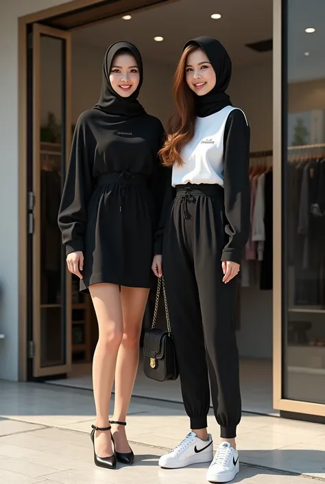 an Indonesian woman with long flowing hair wearing a short black dress, Hils shoes carrying a branded bag, together with an Indonesian woman wearing a hijab wearing a black and white outfit with white Nike shoes carrying a branded bag, looking forward and ...