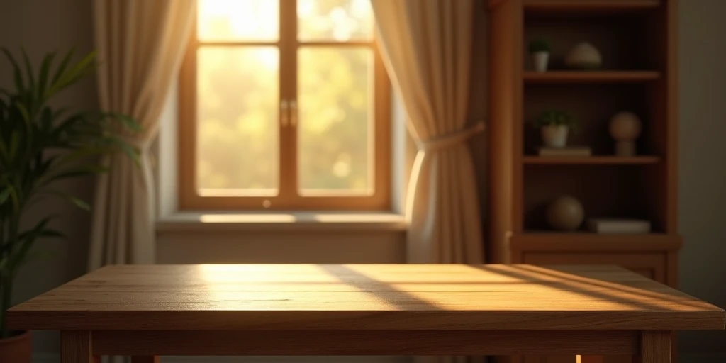 Empty wooden table foregrournmd front top, in background beside the table a open window, warm sun shine coming through the window,a book shelf beside the window, dark theme color,