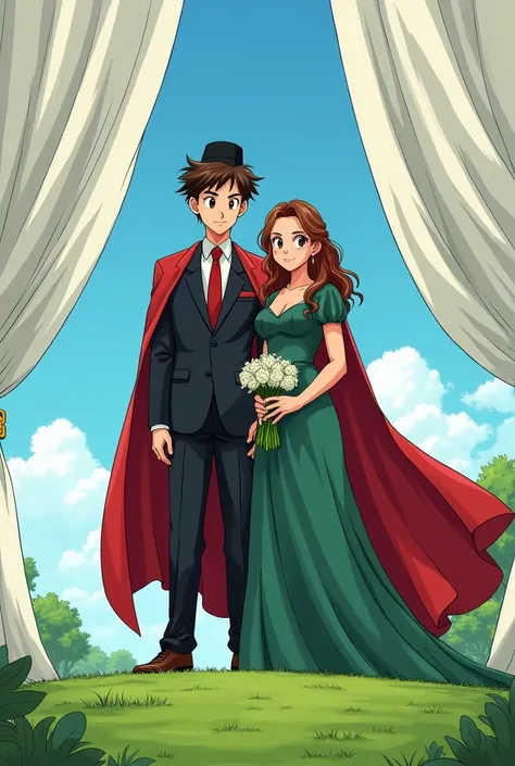  A young Jewish Saiyan with brown hair without a beard wearing an all-black suit,  black dress shirt with red tie and a black kippah , wearing a red cape and his bride ,  a girl with long brown hair and a green dress ,  at their wedding on a green outdoor ...