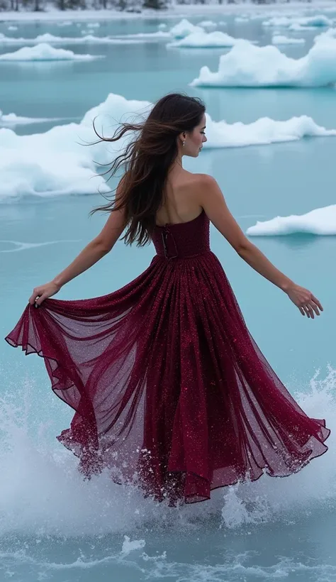 beautiful woman, hyper realistic photographic image of a woman poised on ice with a beautiful long glittering dark garnet colored dress spread out  her in a wide circle with  frozen waves spraying around her
