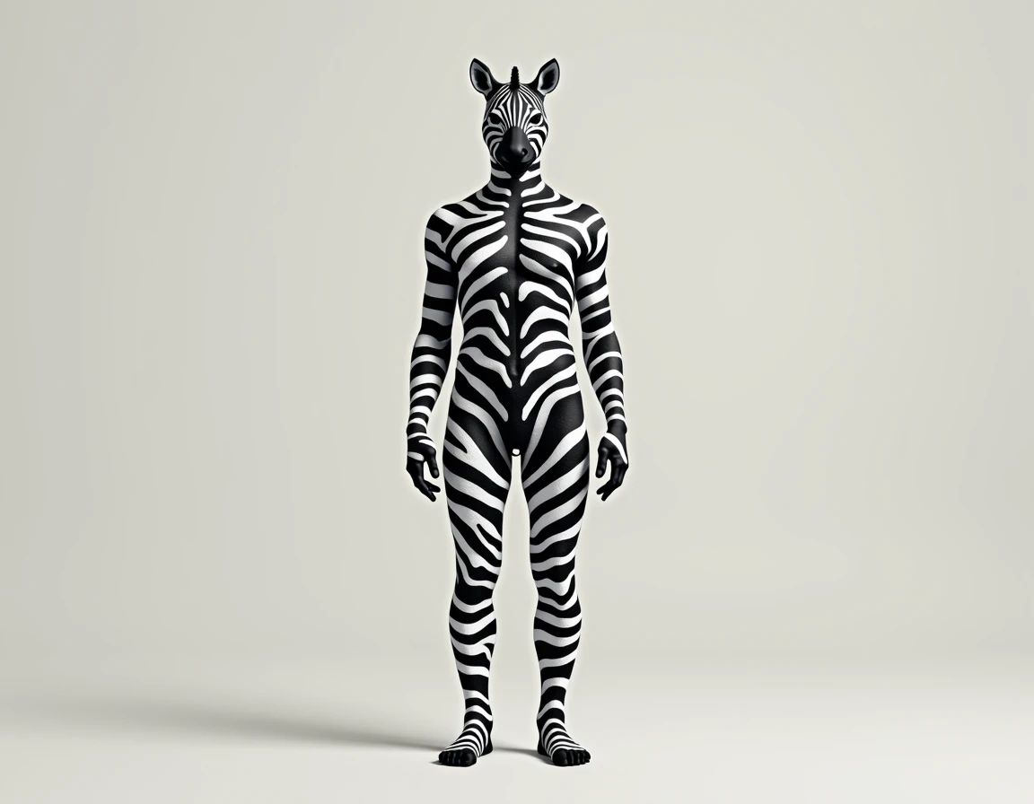 Person standing straight painted as a zebra