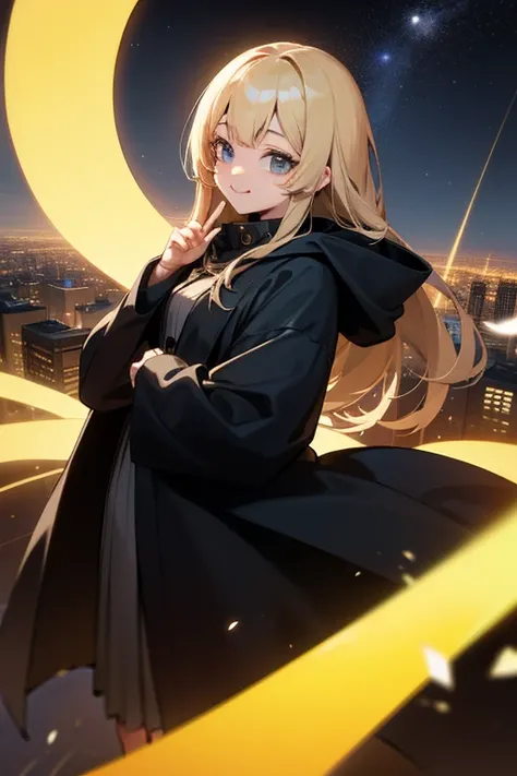 ((masterpeace)), ((high quality)), (((4k))), a girl, huge bast, blonde hair, long hair, Having big round eyes, like anime girls face, smiling, beautiful fingers, fair skin, clear indigo eyes that seem to expand the universe in her pupils, wearing large bla...