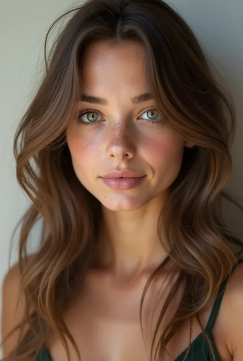 "Realistic portrait of a young woman with long, brown, wavy hair, light green eyes, and freckled skin. She has a calm, serene look, posing against a soft, neutral background. The lighting is natural and soft, highlighting the details of the face, such as s...