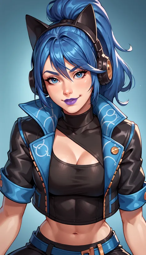 BREAK,  FNHeroHop, blue hair, cat ear headphones, ponytail, blue eyes, purple lips, open collared jacket, clothing cutout, short sleeves, black turtleneck, midriff, fingerless gloves, indoor, seductive smile, looking at viewer,  breasts, 1 girl, solo, Stra...