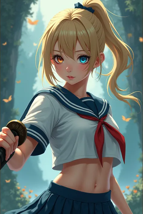  top quality、 odd-eye、Beautiful girl holding a Japanese sword、 abs、 sailor suit、 blonde ponytail、 surrealistic