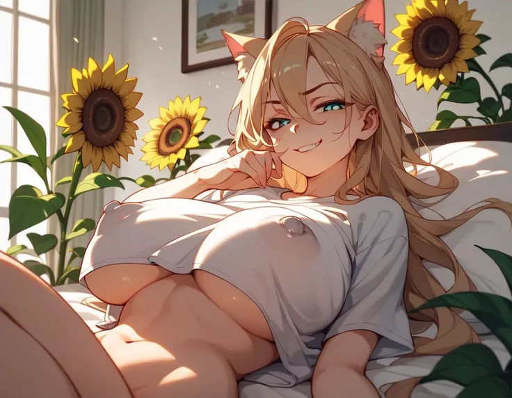 Beautiful girl with cat ears wearing a thin oversized t-shirt、((Big Breasts:1.5))、Smug face、 beautiful、Functional、Fan、bewitching、 Overflowing Sexual Attraction、fluffy bed 、Warm Sunshine、 pretty antique room、Big sunflower 、(( erect nipples :1.2))