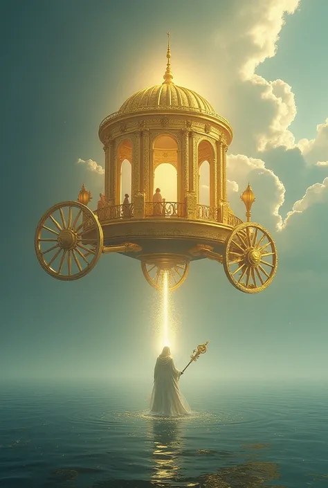 A golden chariot hovering above an endless sea, driven by a cloaked figure holding a staff glowing with a gentle white light