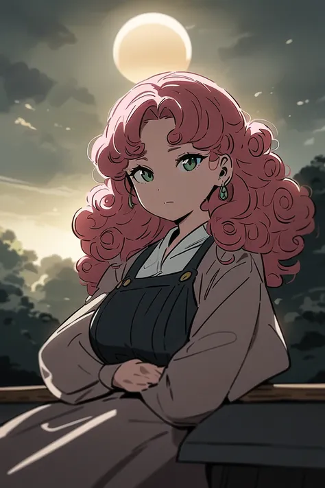 masterpiece, short, busty, anime girl, pink hair, curly hair, green eyes, sitting, sitting on a desk, earrings, moody, moody lighting, daytime, sun, serial art, best anime 4k  red-haired, calm