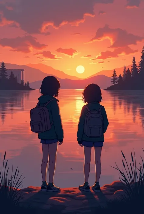 In the embrace of a serene twilight, a girl stands on the edge of a lake, her silhouette contrasting with the warm light of the setting sun. The girl is half-naked. Her back is turned to us, adding to the mysteriousness. They wear dark jackets and carry ba...