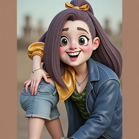 Girl in 3D caricature style,big headed,body short, wearing a shiny yellow jacket with a green camo top, jeans shorts, purple hair tied in a ponytail with a yellow ribbon, big eyes and a big smile, plain pink background. Girls pose: hands on hips, legs slig...