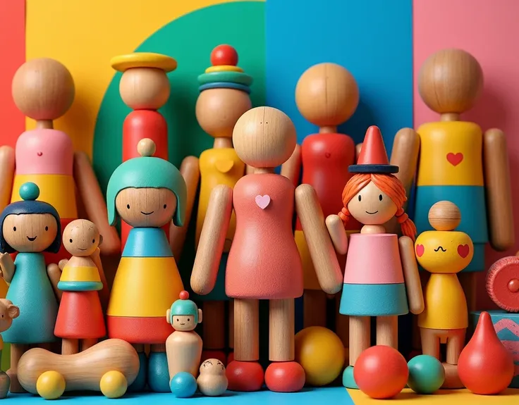 Collage, a lot of wooden toys,   bright colors 